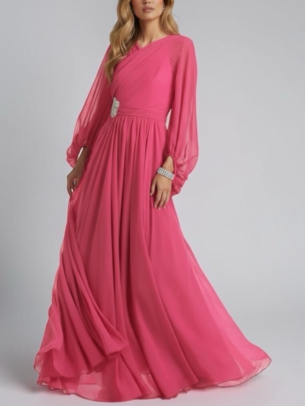 NWT SACHIN + BABI Amato Fuschia Sheer Long Sleeve Embellished Lined Gown Size 10